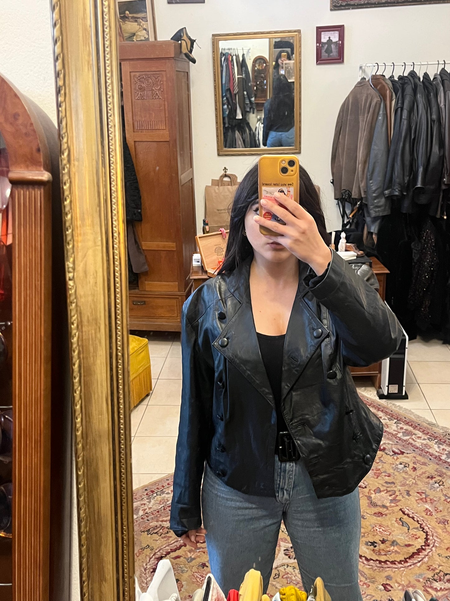 90s collared button up genuine leather jacket .Fits best M