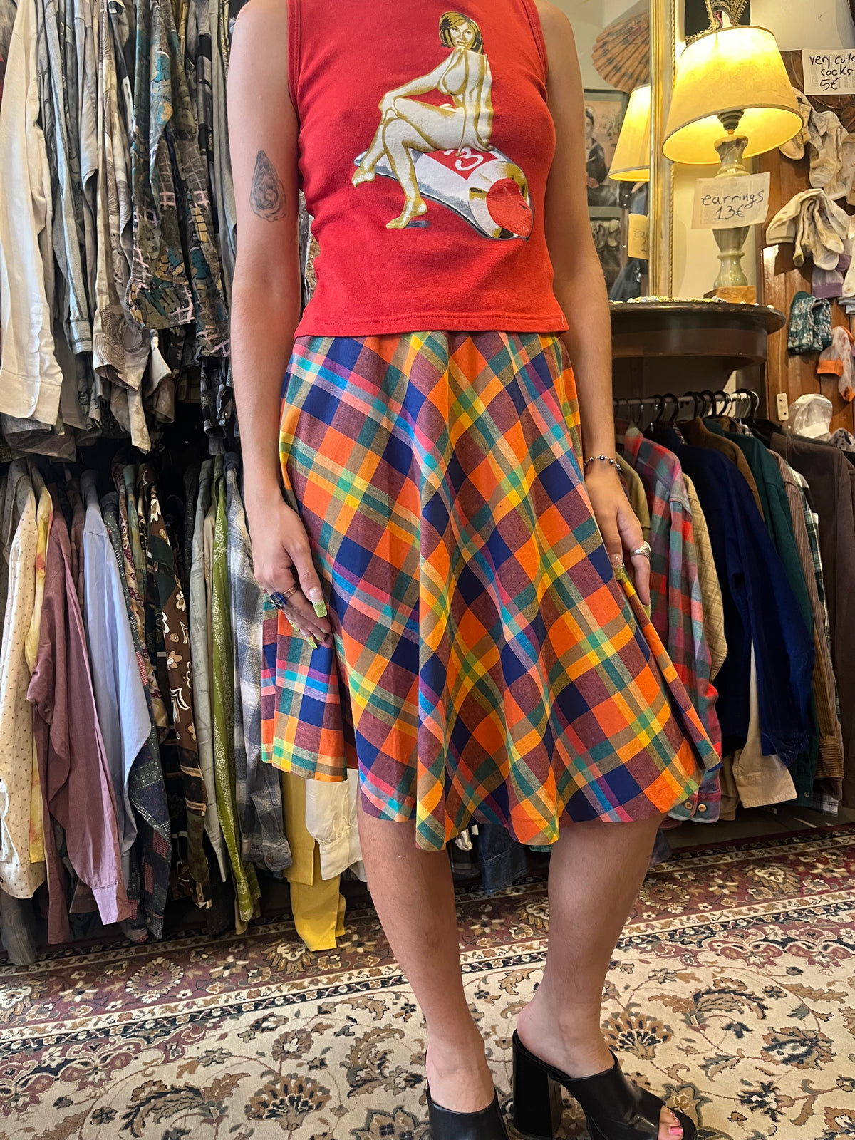 Colourful midi plaid high waisted skirt