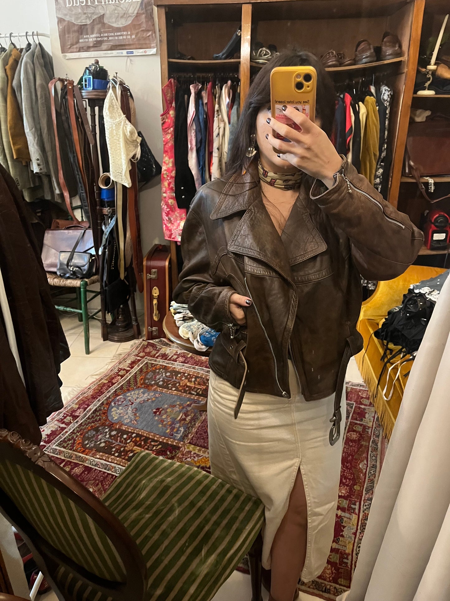 90s belted collared genuine leather jacket .Fits best S/M