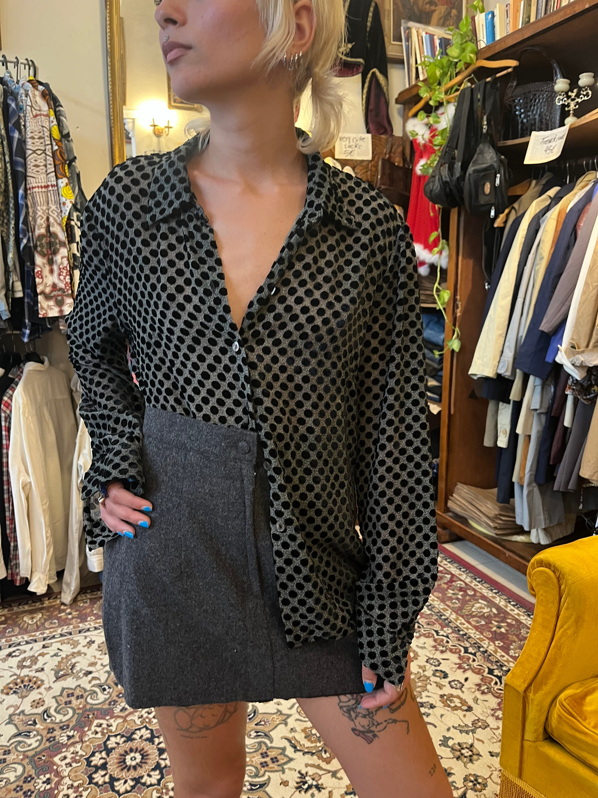 Vintage button up see through polka dot shirt