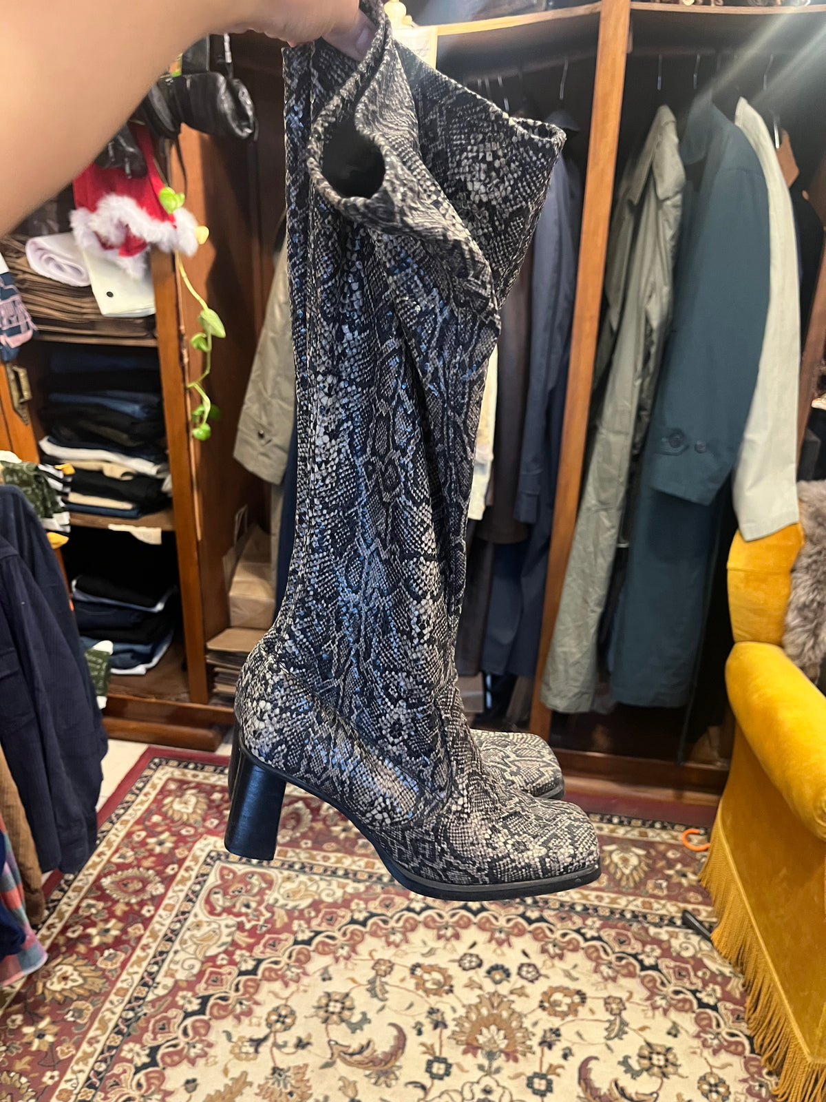90s squared snake print boots