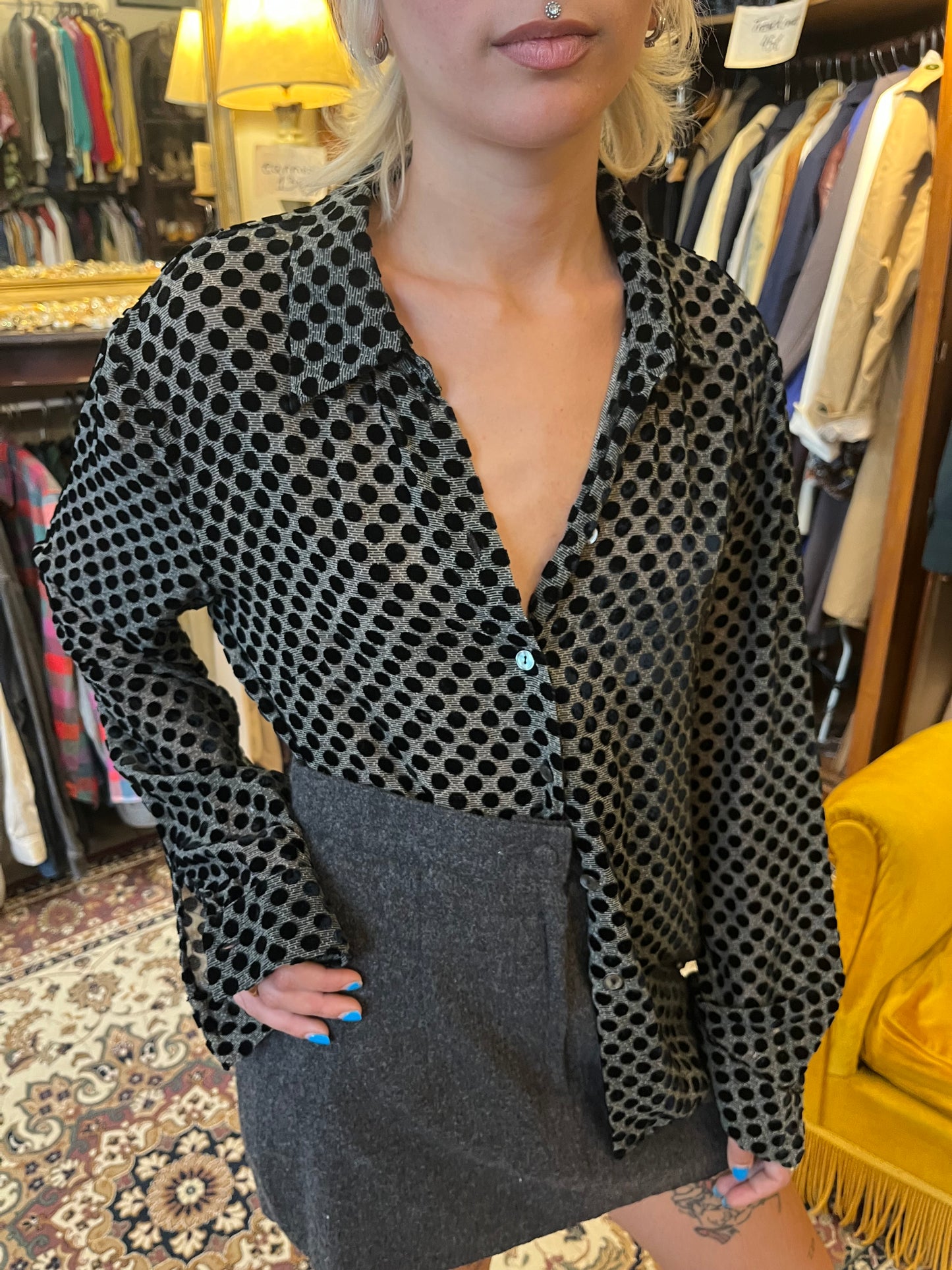 Vintage button up see through polka dot shirt
