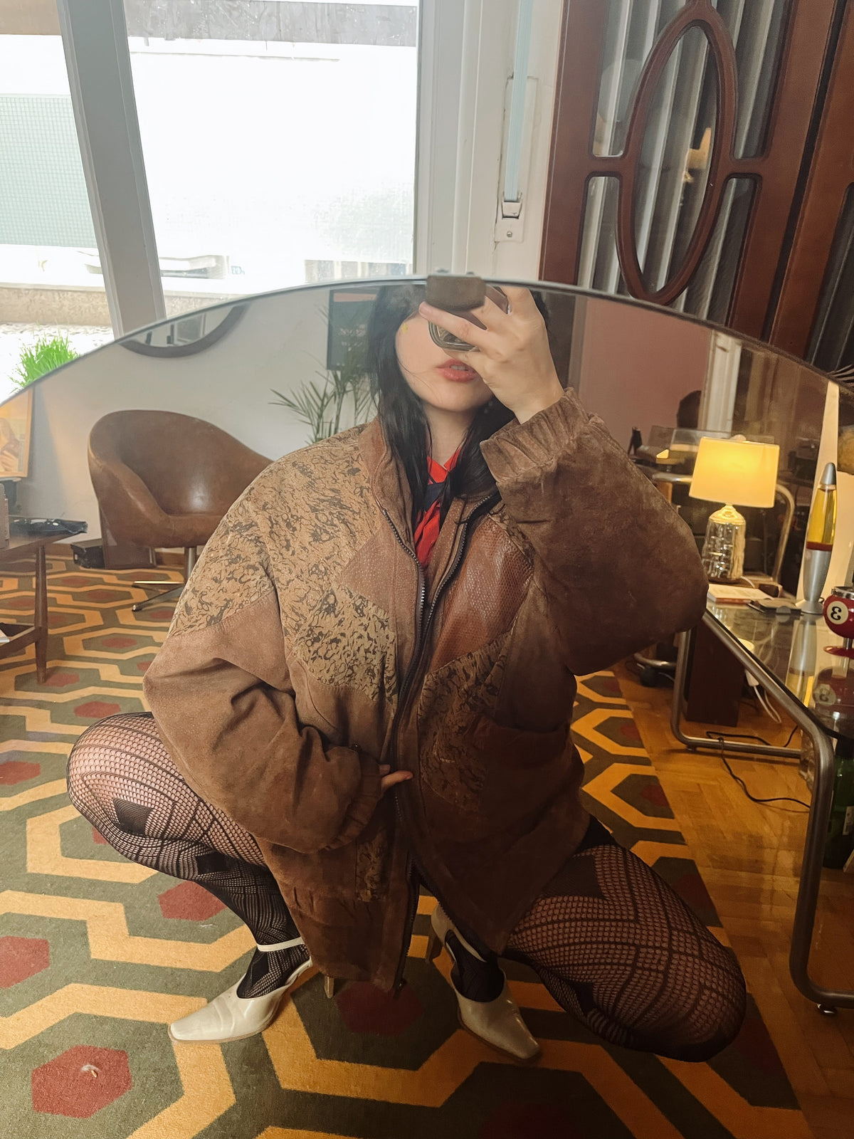 90s patterned zip up suede  jacket .