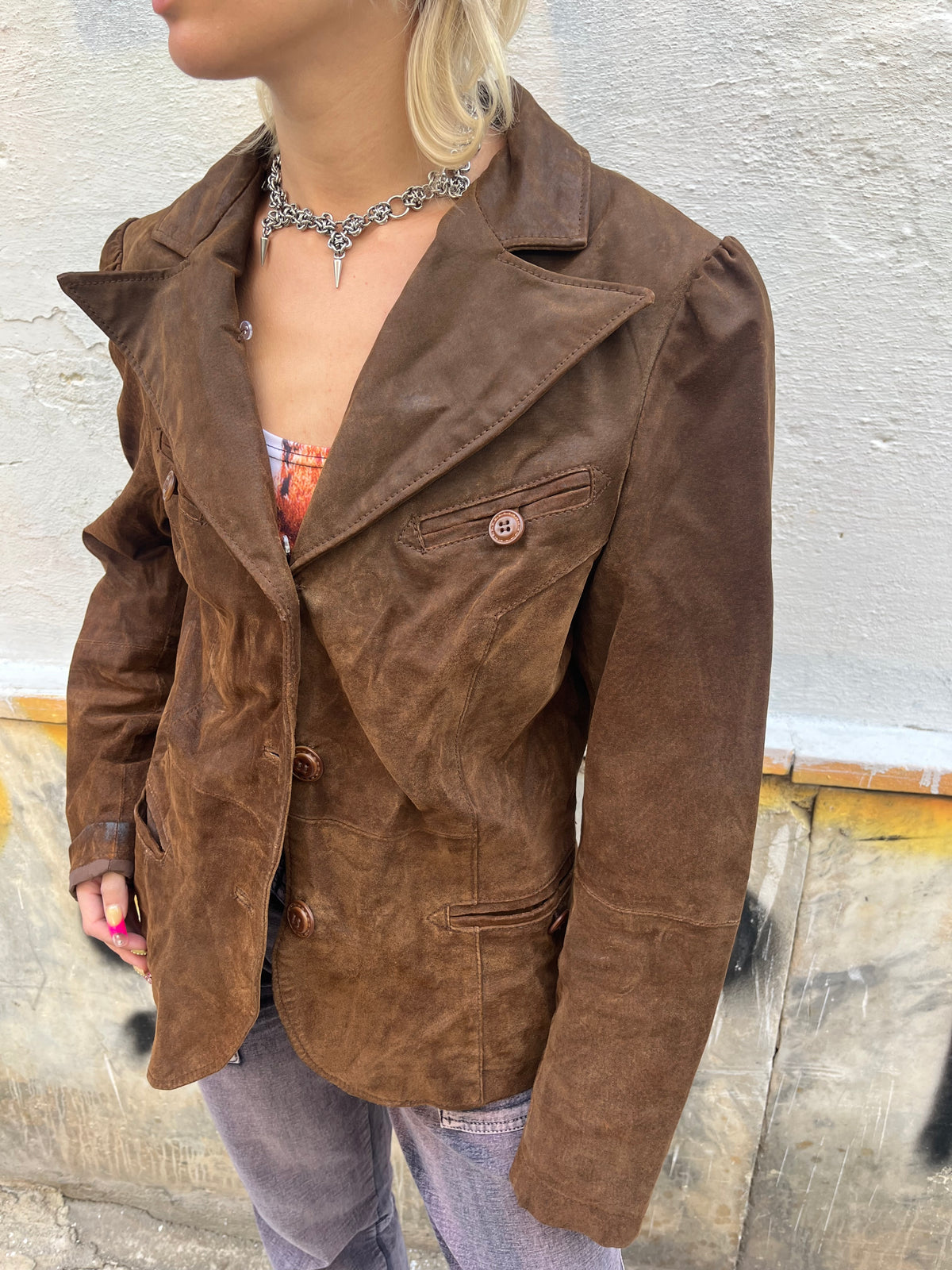 Brown button up suede jacket