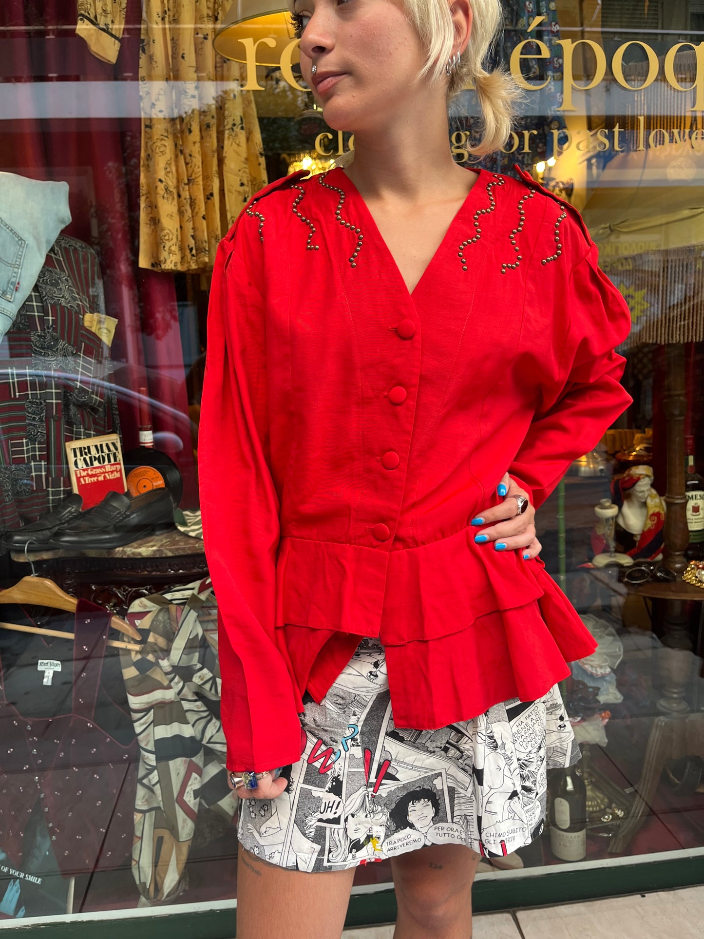 Bright Red Vintage Shirt Ruffle Hem