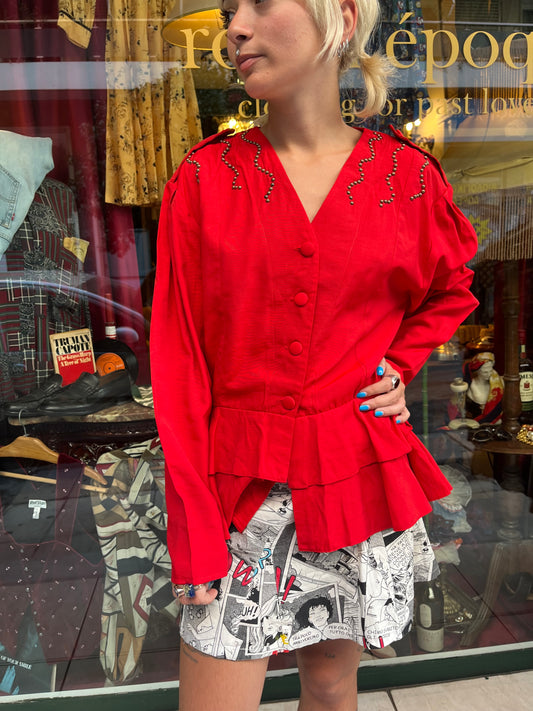Bright Red Vintage Shirt Ruffle Hem