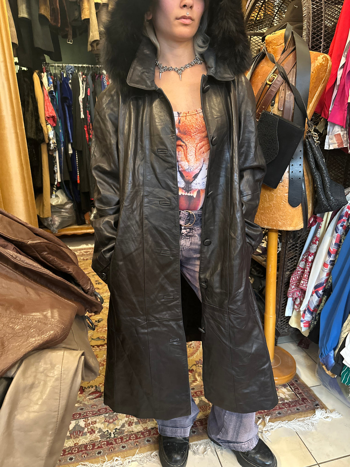 Black Long Fur Hood Leather Jacket