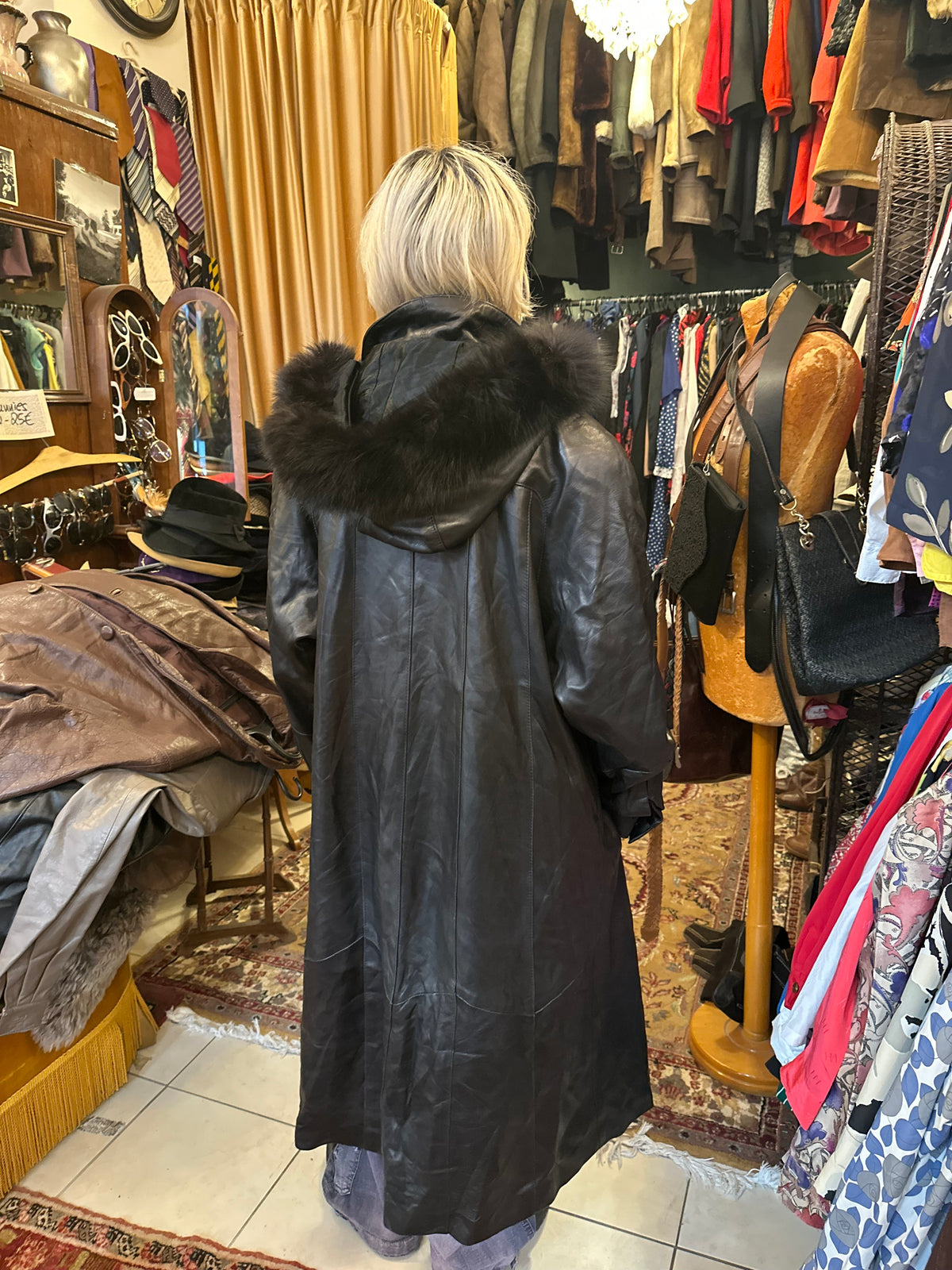 Black Long Fur Hood Leather Jacket