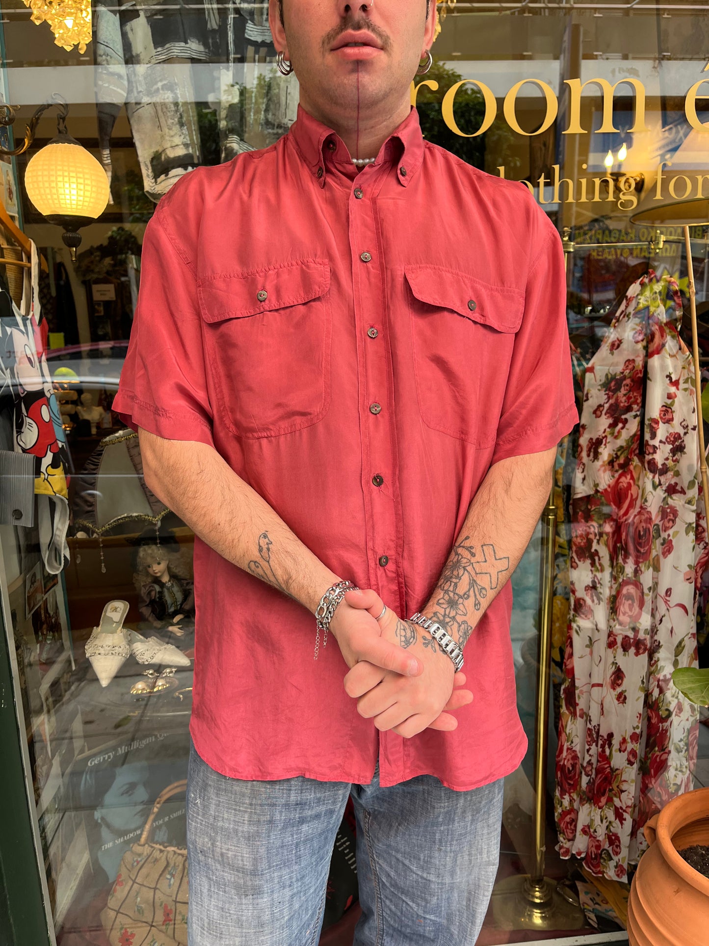 Vintage Silk button up shirt .Size L