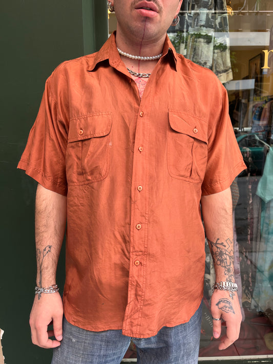 Silk orange button up shirt .Size L
