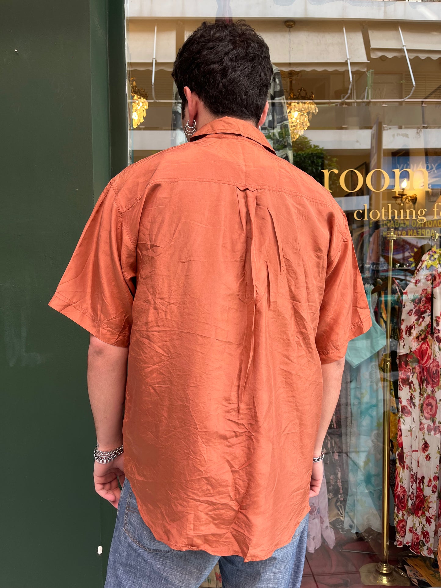 Silk orange button up shirt .Size L