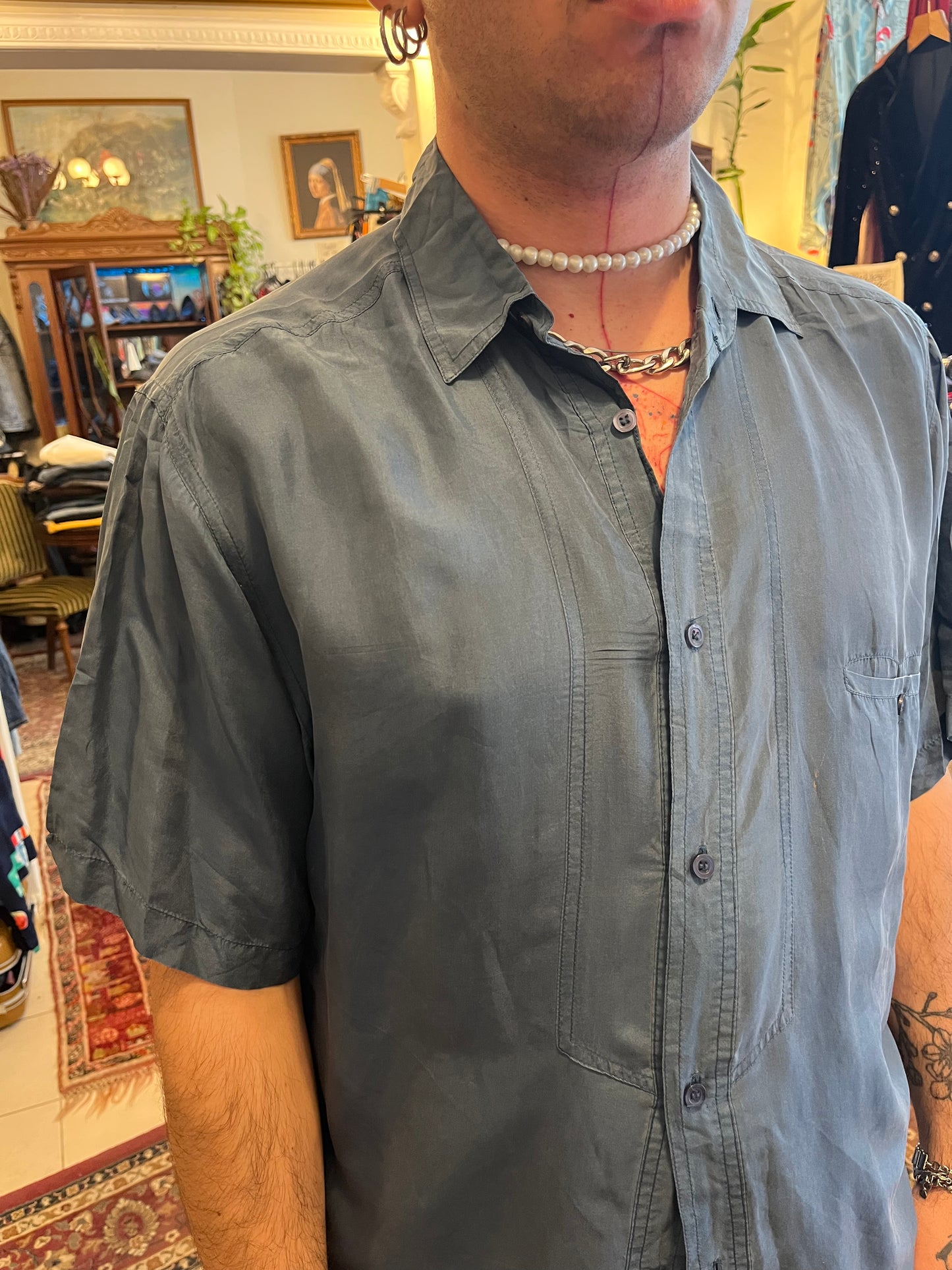 Silk button up midnight blue