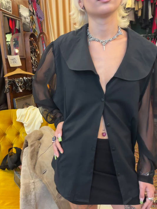 Vintage button up collared shirt with see through sleeve