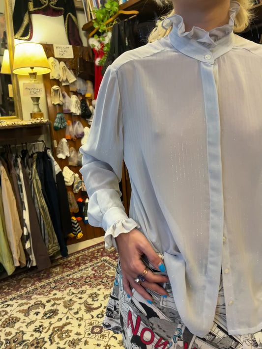 Vintage Baby Blue Ruffle Collared Shirt