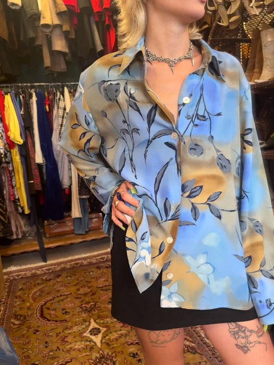 Vintage Floral Print Blue and Gold Shirt