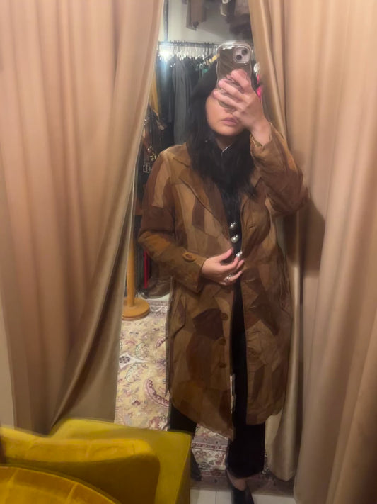 70s patchwork suede belted midi coat 
S/M